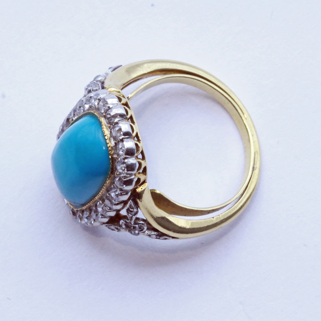 Antique Edwardian ring gold platinum natural turquoise diamonds French (7409)