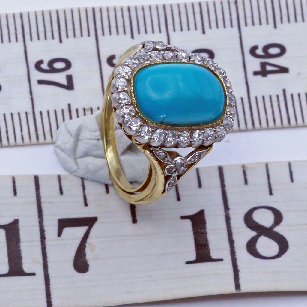 Antique Edwardian ring gold platinum natural turquoise diamonds French (7409)