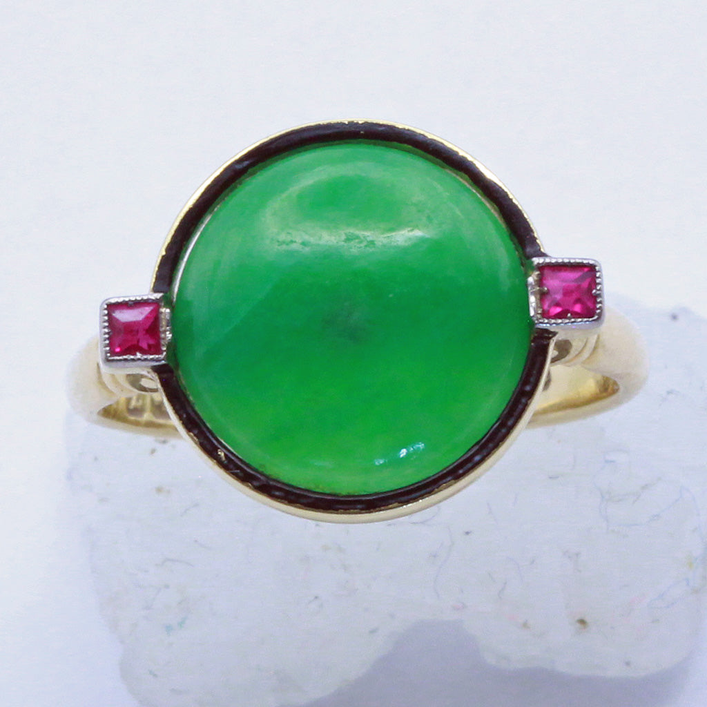 Antique Art Deco Ring Natural jade rubies 18k gold enamel Birmingham 1924 (7414)