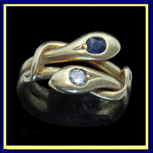 Antique Victorian double snake ring 18k gold diamond sapphire Unisex