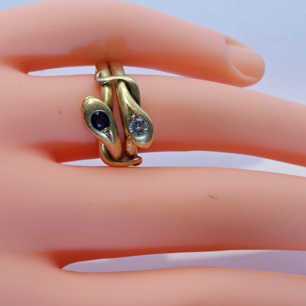 Antique Victorian double snake ring 18k gold diamond sapphire Unisex (7421)