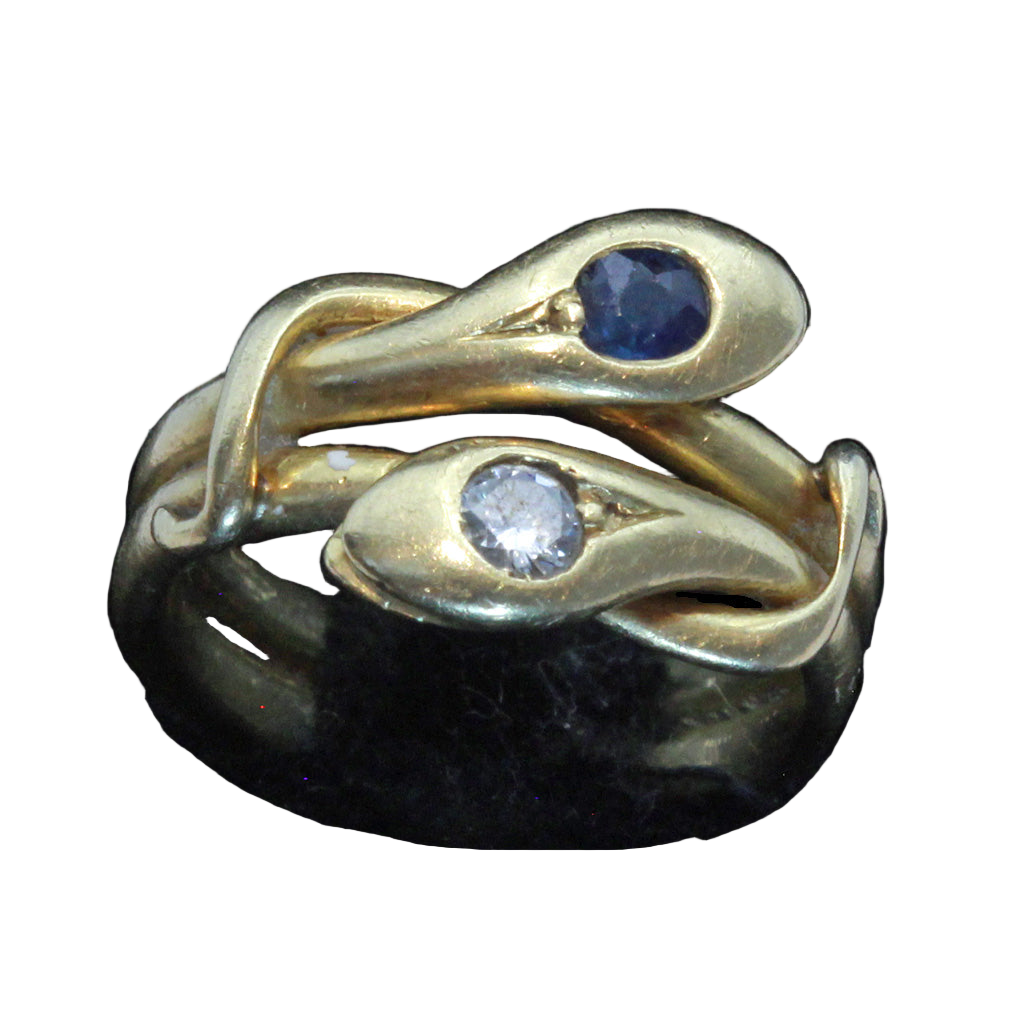Antique Victorian double snake ring 18k gold diamond sapphire Unisex (7421)