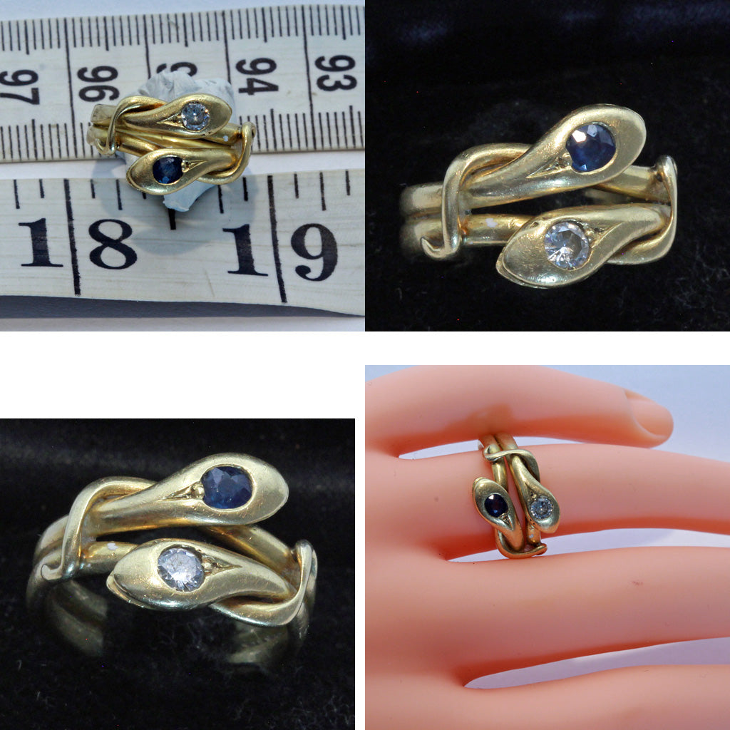 Antique Victorian double snake ring 18k gold diamond sapphire Unisex (7421)
