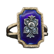 Antique ring gold silver diamonds blue enamel Europe bagues au firmament (7422)