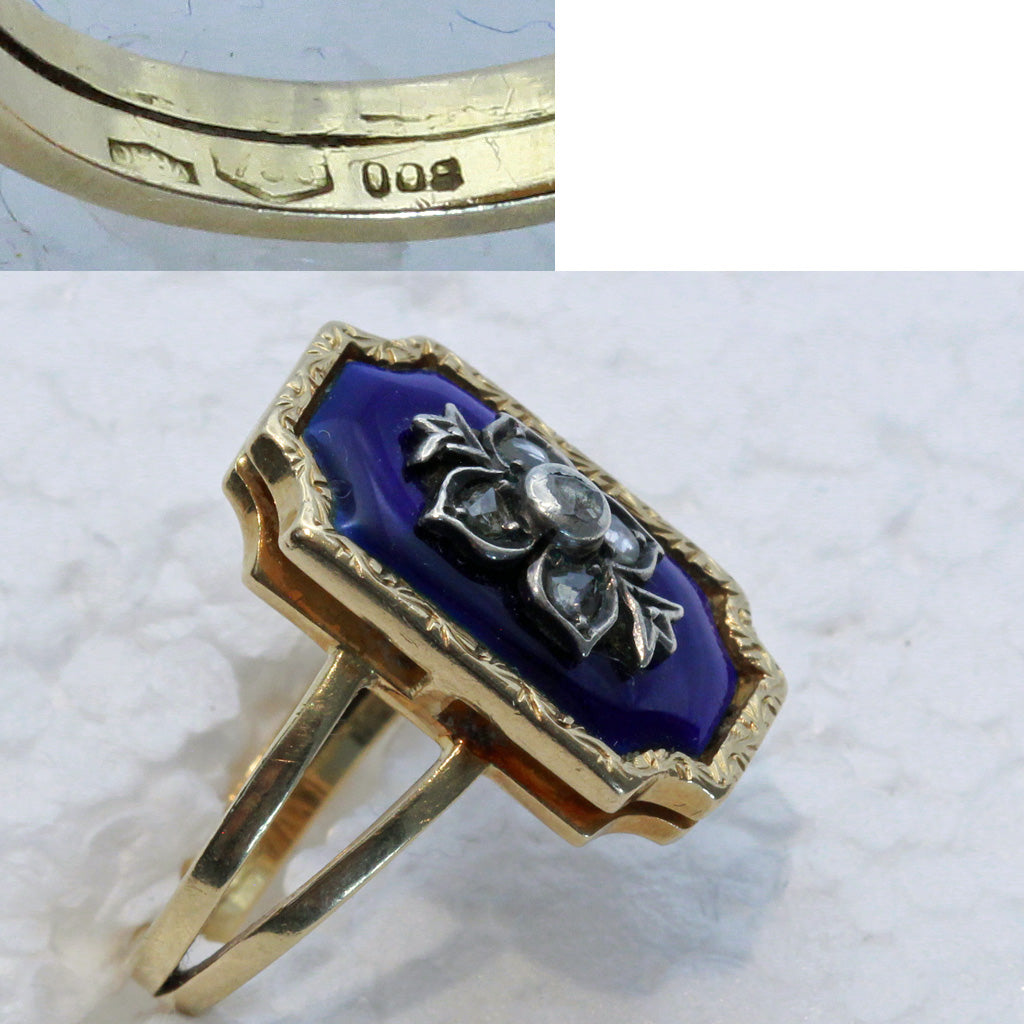 Antique ring gold silver diamonds blue enamel Europe bagues au firmament (7422)