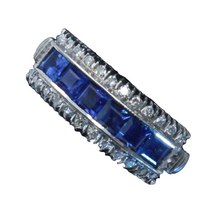 Vintage Art Deco ring 18k white gold diamonds sapphires wedding band (7428)