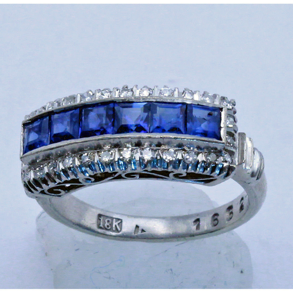 Vintage Art Deco ring 18k white gold diamonds sapphires wedding band (7428)