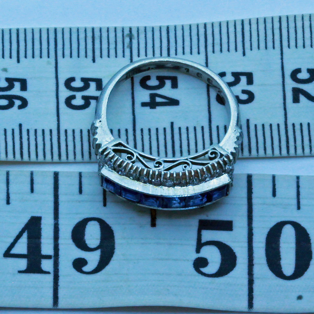 Vintage Art Deco ring 18k white gold diamonds sapphires wedding band (7428)
