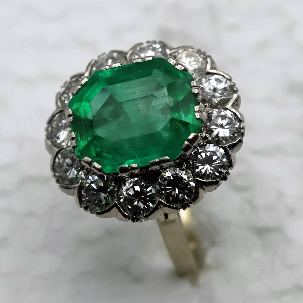 Antique Ring Emerald Diamonds Platinum Gold Made in France c1920 (7444)