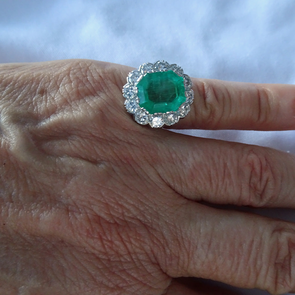 Antique Ring Emerald Diamonds Platinum Gold Made in France c1920 (7444)