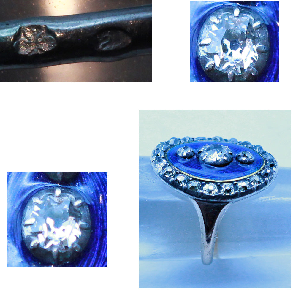 Antique Georgian ring Diamonds Gold Silver Blue Enamel Old Cut diamonds (7445)