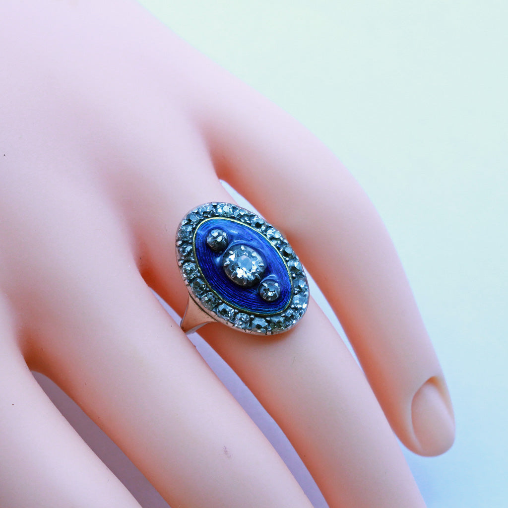 Antique Georgian ring Diamonds Gold Silver Blue Enamel Old Cut diamonds (7445)