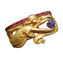 MASRIERA Art Nouveau gold enamel sapphire rubies scarf ring foulard (7458)