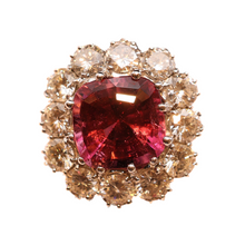 Vintage ring cushion cut 4.90ct pink tourmaline 3.03ct diamonds 18k w gold (7486)