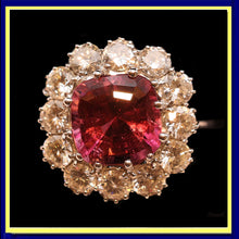 Vintage ring cushion cut 4.90ct pink tourmaline 3.03ct diamonds 18k white gold