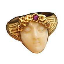 Antique Art Nouveau ring 18k gold ruby carved ivory portrait French (7490)