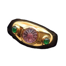 Cartier ring 18k gold emeralds pink gem French signed Unisex wedding band (7514)