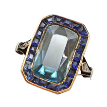Antique Art Deco ring gold blue zircon sapphires diamonds French (7527)