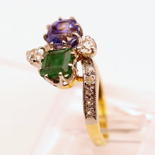 Antique Deco ring emerald sapphire diamonds gold platinum crossover French (7542)