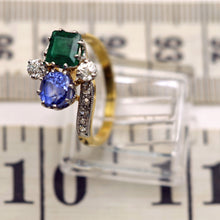 Antique Deco ring emerald sapphire diamonds gold platinum crossover French (7542)