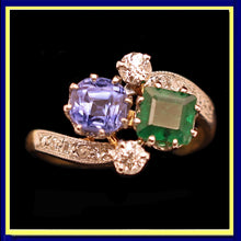 Antique Deco ring emerald sapphire diamonds gold platinum crossover French