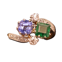 Antique Deco ring emerald sapphire diamonds gold platinum crossover French (7542)