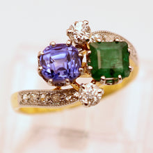 Antique Deco ring emerald sapphire diamonds gold platinum crossover French
