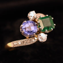 Antique Deco ring emerald sapphire diamonds gold platinum crossover French (7542)