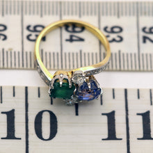 Antique Deco ring emerald sapphire diamonds gold platinum crossover French (7542)