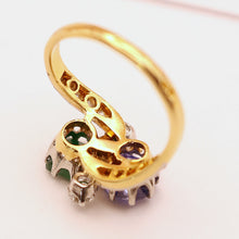 Antique Deco ring emerald sapphire diamonds gold platinum crossover French (7542)