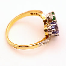 Antique Deco ring emerald sapphire diamonds gold platinum crossover French (7542)