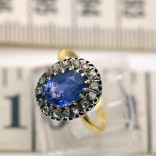 Antique Victorian ring natural blue sapphire diamonds silver gold French (7548)