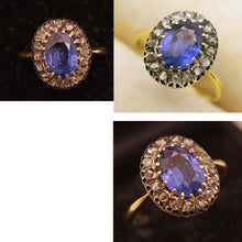 Antique Victorian ring natural blue sapphire diamonds silver gold French (7548)