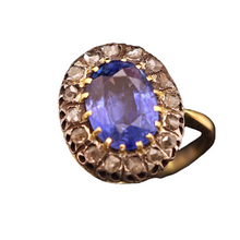 Antique Victorian ring natural blue sapphire diamonds silver gold French (7548)