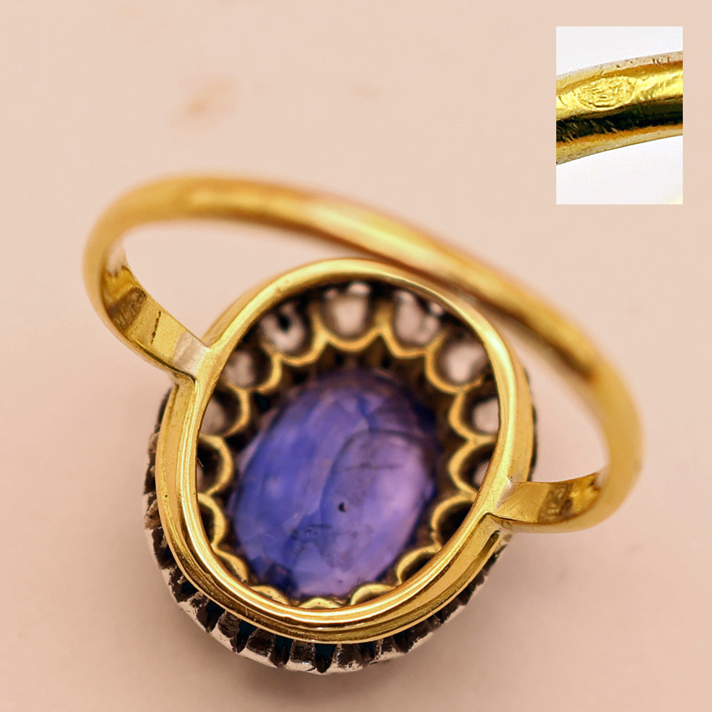 Antique Victorian ring natural blue sapphire diamonds silver gold French (7548)