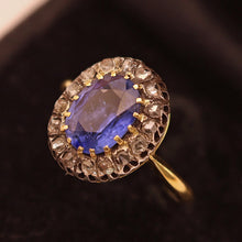 Antique Victorian ring natural blue sapphire diamonds silver gold French (7548)