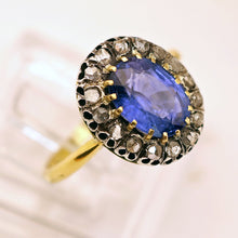 Antique Victorian ring natural blue sapphire diamonds silver gold French (7548)