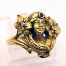 Antique Art Nouveau ring 18k gold ruby diamonds Face of woman flowers hair (7552)
