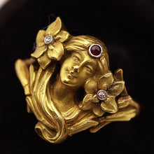 Antique Art Nouveau ring 18k gold ruby diamonds Face of woman flowers hair (7552)