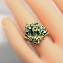 Antique Art Nouveau ring 18k gold ruby diamonds Face of woman flowers hair (7552)