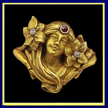 Antique Art Nouveau ring 18k gold ruby diamonds Face of woman flowers hair (7552)