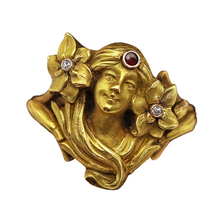 Antique Art Nouveau ring 18k gold ruby diamonds Face of woman flowers hair (7552)