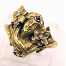 Antique Art Nouveau ring 18k gold ruby diamonds Face of woman flowers hair (7552)