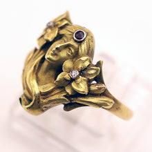 Antique Art Nouveau ring 18k gold ruby diamonds Face of woman flowers hair (7552)