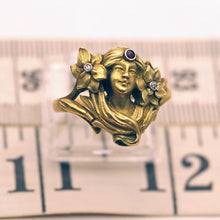 Antique Art Nouveau ring 18k gold ruby diamonds Face of woman flowers hair (7552)