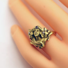 Antique Art Nouveau ring 18k gold ruby diamonds Face of woman flowers hair (7552)