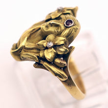 Antique Art Nouveau ring 18k gold ruby diamonds Face of woman flowers hair (7552)