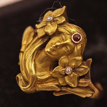 Antique Art Nouveau ring 18k gold ruby diamonds Face of woman flowers hair (7552)