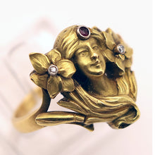 Antique Art Nouveau ring 18k gold ruby diamonds Face of woman flowers hair (7552)