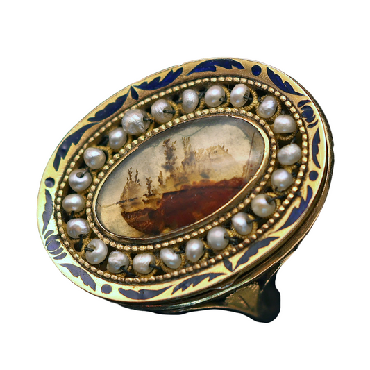 Antique Georgian Ring moss agate 18k gold pearls enamel locket secret (7559)